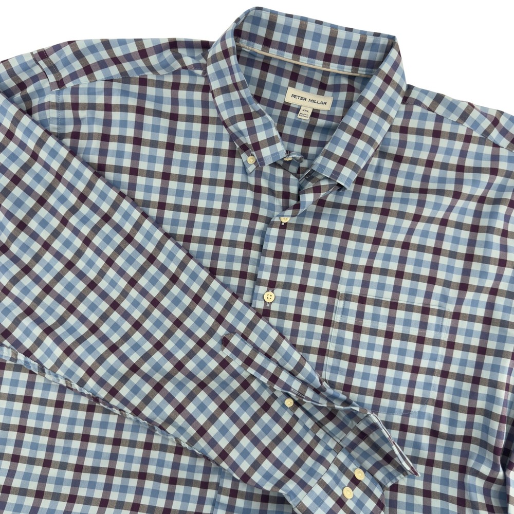 Peter Millar Mens‎ XXL Blue Purple Plaid Performance Button Down Shirt